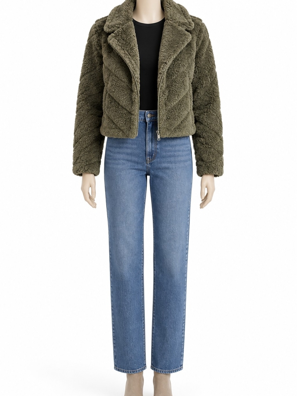 Ci Sono Olive Green Faux Teddy Cropped Jacket